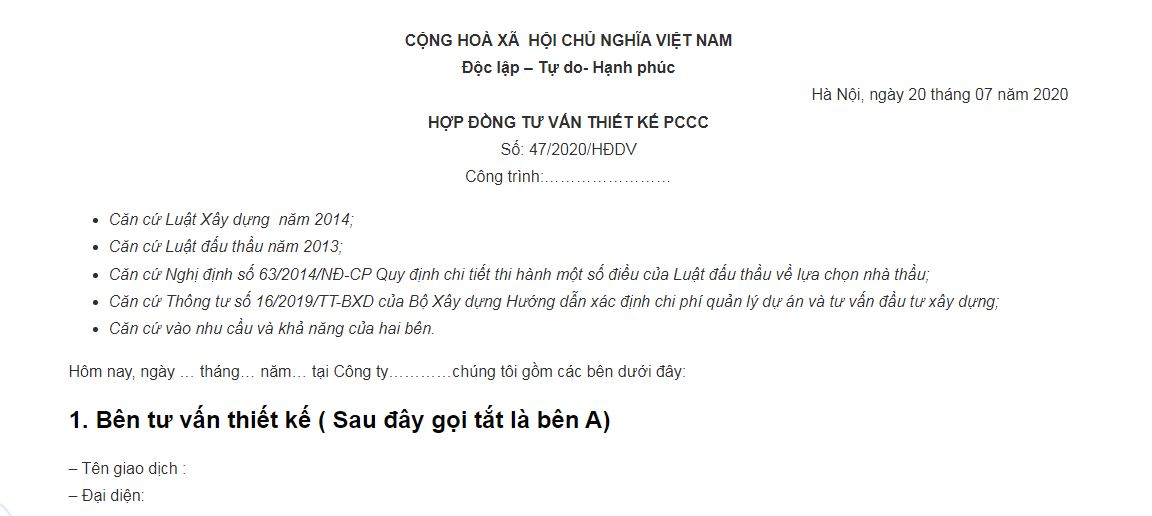 Mẫu hợp đồng thi công phòng cháy chữa cháy